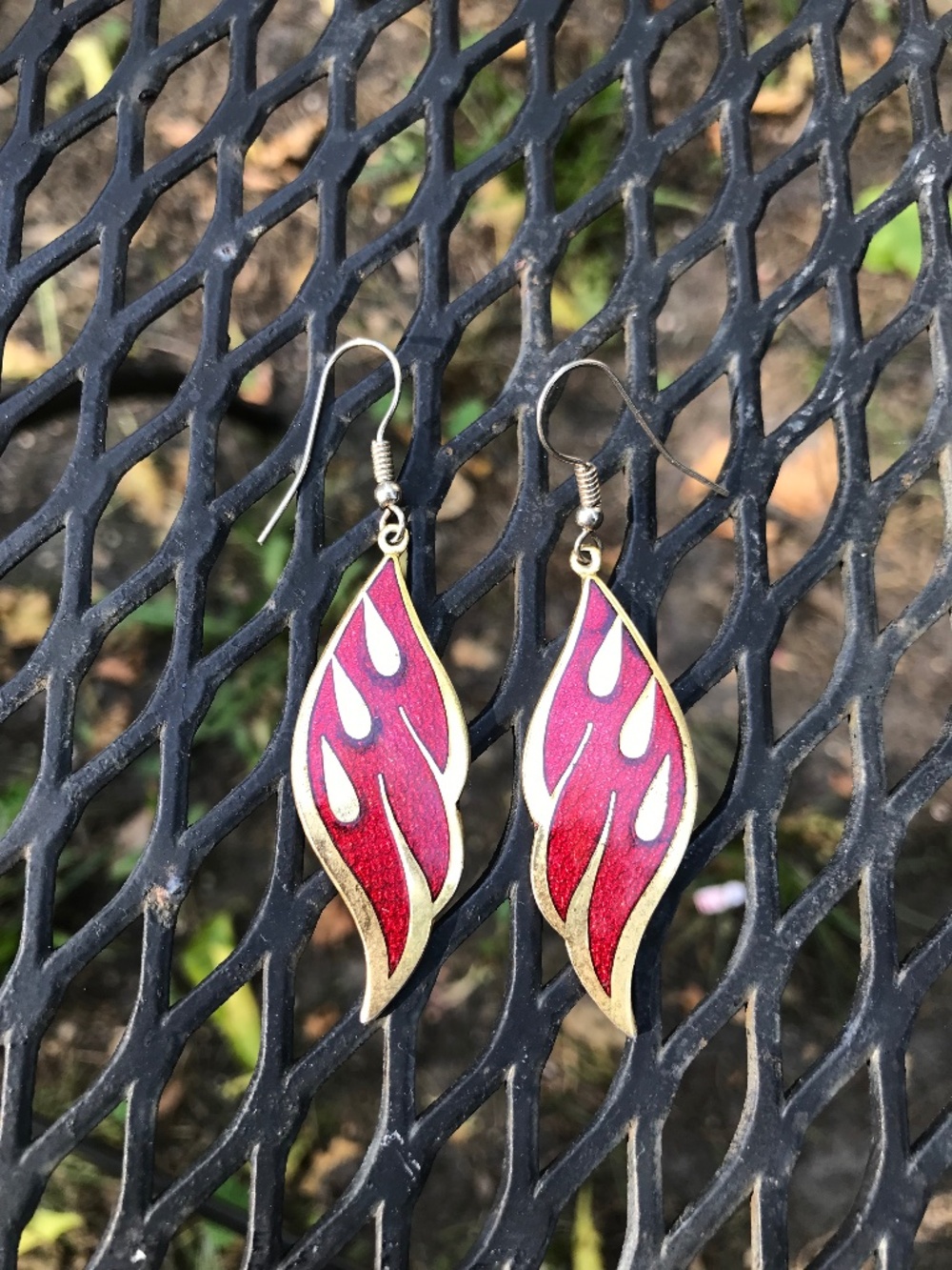 Vintage Goldtone Red Flame Enamel Dangle Pierced Earrings Statement 80s 90s